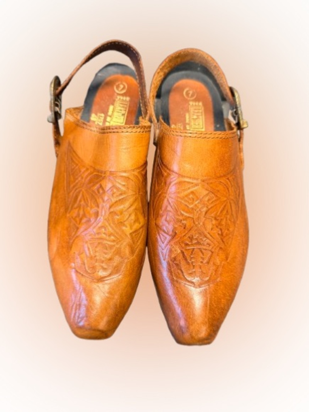 Vintage 70s Tooled Leather Clogs Size 7 Slingback Pointed Toe Boho Brazil
